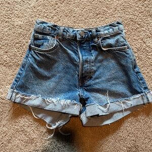 Reformation Blue Jean Shorts with Distressed Hem